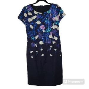 TALBOTS 2P floral midi short sleeved‎ navy dress EUC